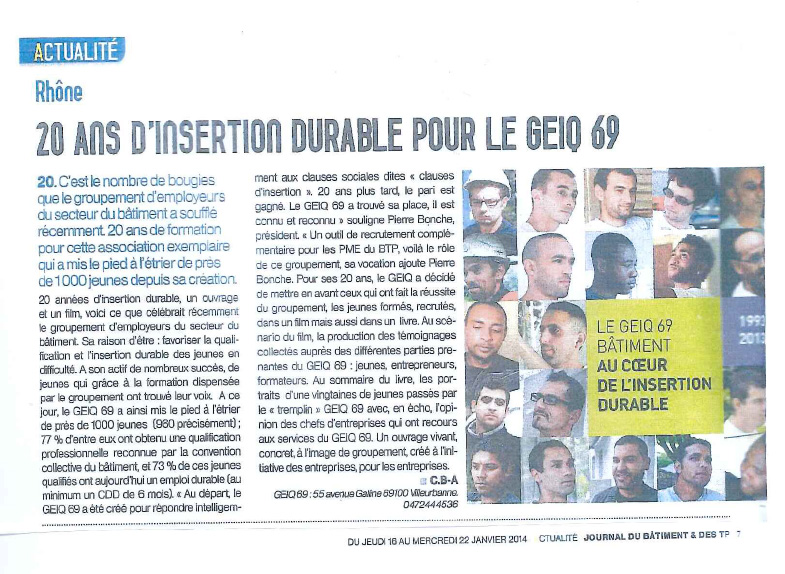 20 ans d’insertion durable du GEIQ 69 dans les métiers du bâtiment